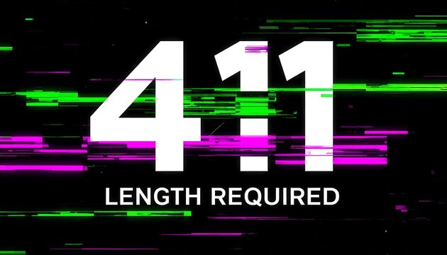 Glitch distorted cyber network interface displaying 411 Length Required HTTP status code across neon digital server error screen