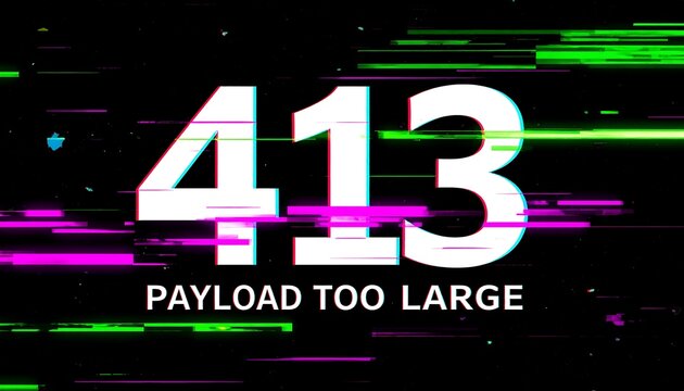 Glitch distorted cyber network interface displaying 413 Payload Too Large HTTP status code across neon digital server error screen