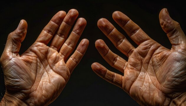 A close-up photograph showcases a pair of weathered, aged hands against a dark background, highlighting the intricate network of lines and textures that tell a story of experience and time.