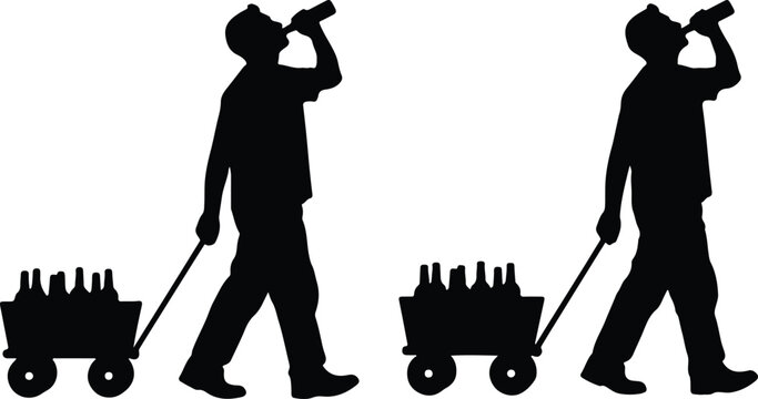 Silhouette of a man pulling a cart full of beer bottles while drinking from one, isolated on white.