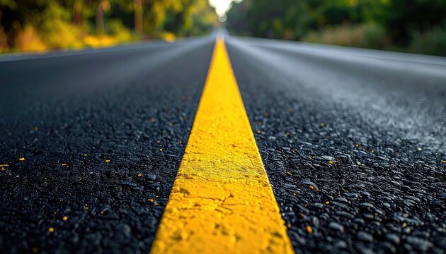 A low-angle perspective showcases a long, straight asphalt road with a vibrant yellow centerline disappearing into a lush, green forest, creating a sense of journey and open space.