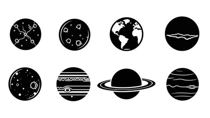 Collection of stylized black and white planet icons and celestial bodies for astronomical © adha