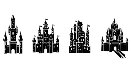 Obraz premium Collection of stylized black and white silhouette illustrations of fairytale castles