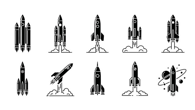 Collection of stylized rocket ship icons illustrating space exploration and launch sequences