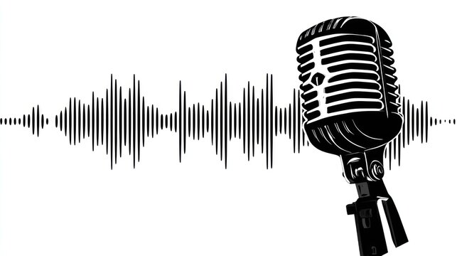 Vintage microphone icon with audio wave, black and white illustration on white background
