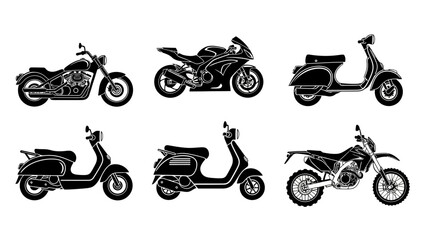 Naklejka premium Diverse Collection of Motorcycle and Scooter Silhouettes on White Background
