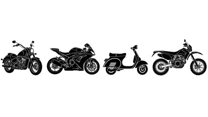 Fototapeta premium Diverse collection of motorcycle and scooter silhouettes in black and white for design projects