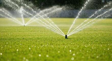 Sprinklers water vibrant green grass on a sunny day, water droplets in the air, blur