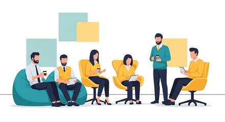 Fototapeta premium Flat vector illustration of office employees engaging in casual brainstorming, sitting on modern bean bags and modern chairs, holding coffee cups and tablets, casual corporate attire, teal and yellow 