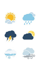Obraz premium Set of six flat weather icons representing sunny, rainy, stormy, cloudy, snowy and windy conditions