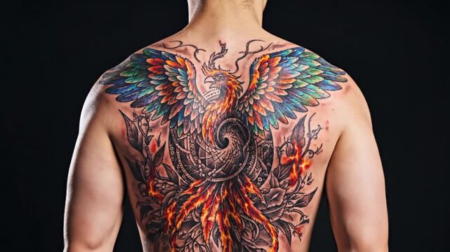 Vibrant phoenix tattoo on back