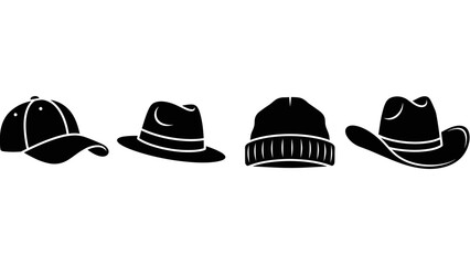 Fototapeta premium A collection of four distinct black hat silhouettes on a white background representing diverse