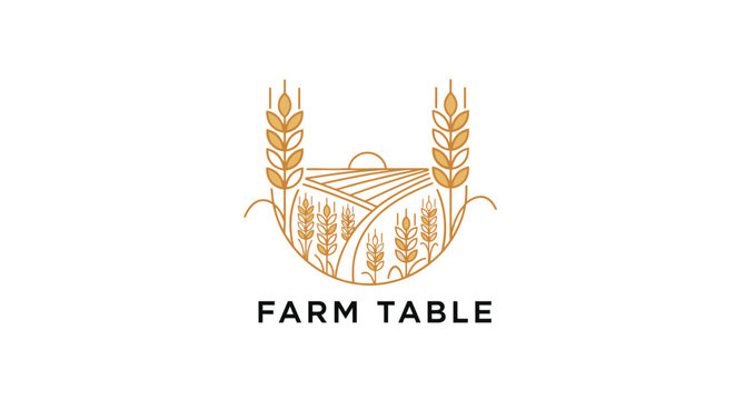 Farm Table Text with Wheat Field and Sun Horizon Line Art, Agricultural Food Logo