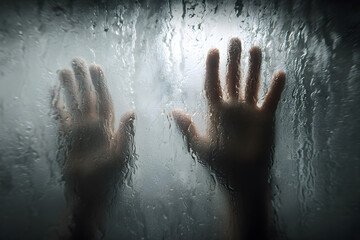 Hands pressed against a fogged window with water droplets during a rainy day