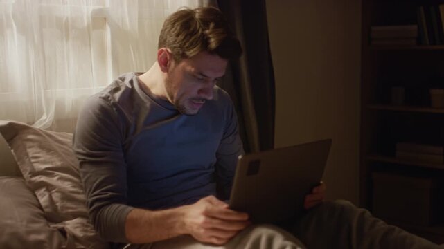 Pull back shot of adult man keep clicking on refresh button working on laptop in bed then exploding with anger pounding device with pillow in frustration in low key lit bedroom