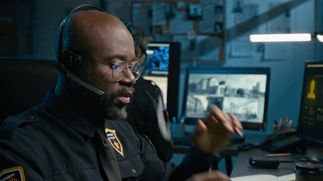 Tilt up close up shot of Black male dispatcher at police station and putting on headset while starting night shift sitting at desk in blue lit office, colleague working in background, copy space
