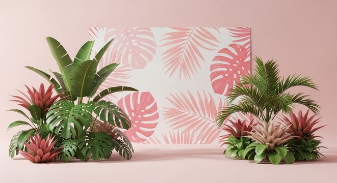 Tropical plants in front of pink leaf patterned backdrop