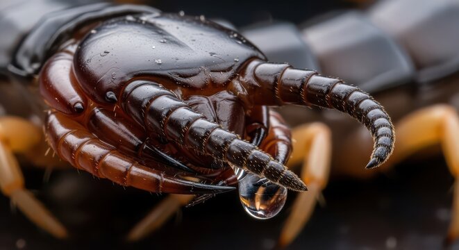 Extreme close up reveals fine details and moisture droplet on the head of a myriapod