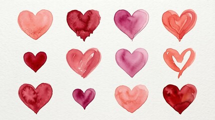 Watercolor Heart Collection Vector, Red and Pink Hand Painted Love Icons