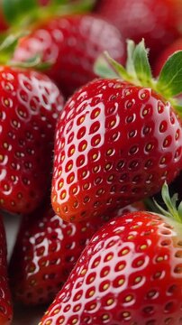 Fresh ripe red strawberries close up footage in vibrant red colors representing a pile of delicious juicy organic summer fruits harvested
