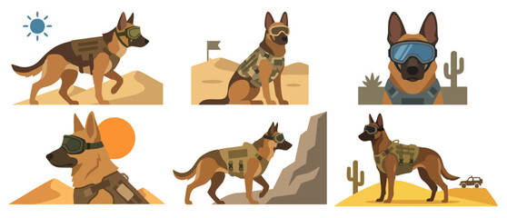 Obraz premium DESERT PATROL - Working dog wearing tactical goggles and a vest Flat Vector Illustration on Transparent Background