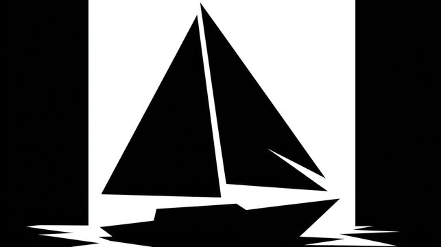 Stylized silhouette of a sailboat with a large sail against a geometric background