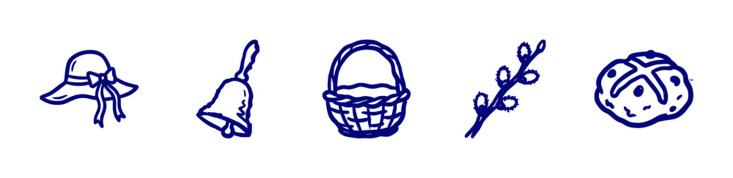 Easter holiday and spring celebration elements in rustic blue ink doodle style. Hand-drawn naive illustrations featuring basket, bell, sun hat, hot cross bun, and pussy willow.