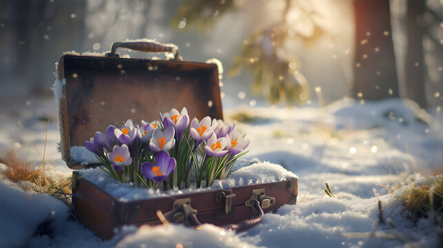 Vintage suitcase with purple spring cocus flowers with hoarfrost lying on the snowy surface. Concept of spring coming.