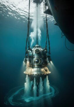 Heavy metallic submersible sphere descends into deep ocean depths from surface vessel.