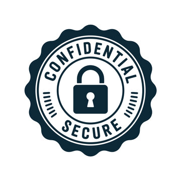 A confidential and secure stamp with a padlock on a white background
