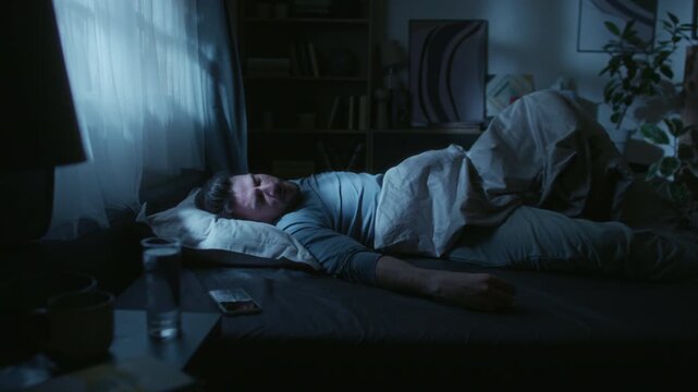Side view of adult man lying in bed covering face with pillow desperately trying to fall asleep during night in bedroom