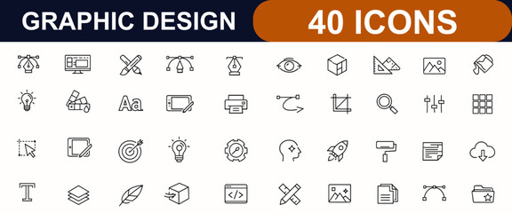 Graphic design web icons in line style. Creative tools, graphic designer, software UI, drawing instruments, typography, digital art, stationery set. Editable stroke. Vector illustration.