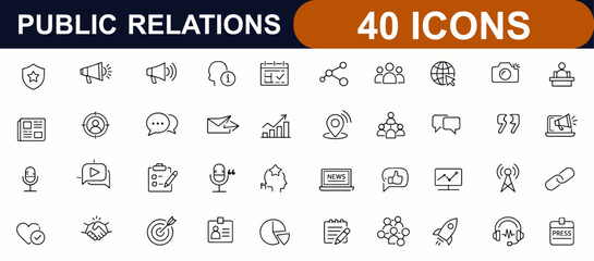 Fototapeta na wymiar Public Relations web icons in line style. Brand reputation, press, social media, news planning, interview, feedback, megaphone, marketing set. Editable stroke. Vector illustration.