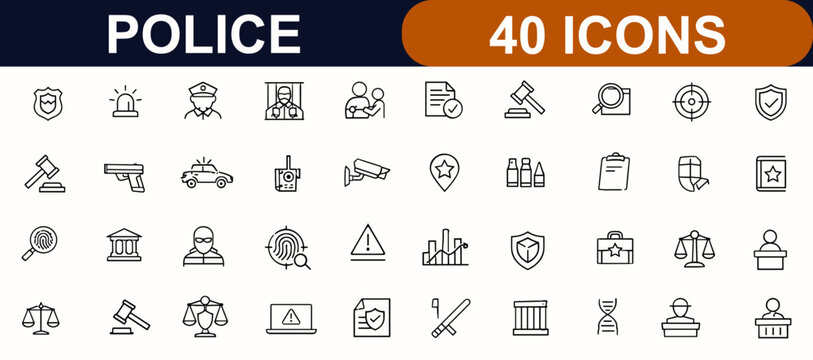 Police web icons in line style. Security, justice system, law enforcement, court trial, arrest process, police officer, siren light, weapon control, legal authority, crime prevention set.
