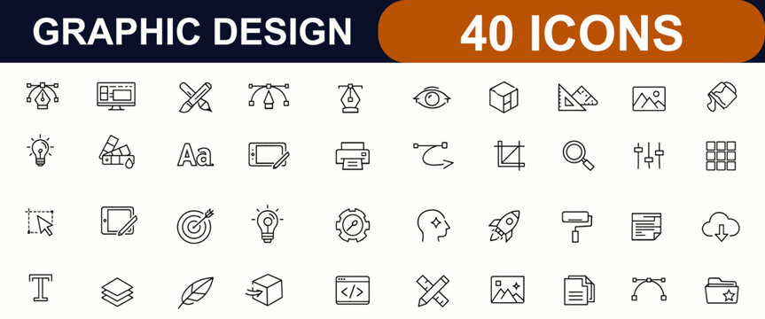 Graphic design web icons in line style. Creative tools, graphic designer, software UI, drawing instruments, typography, digital art, stationery set. Editable stroke. Vector illustration.