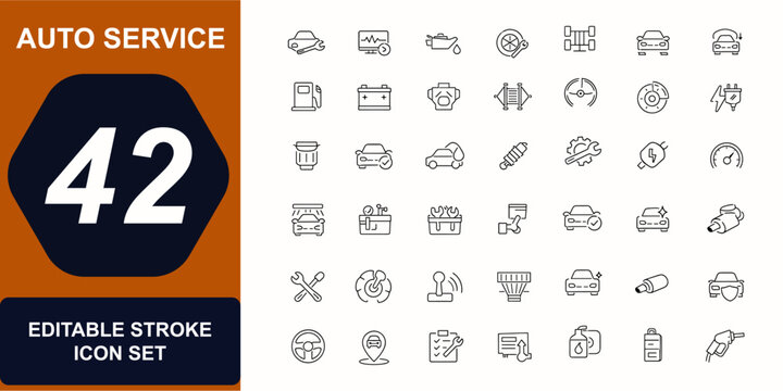 Set of Auto service and garage web icons in line style. Vehicle maintenance, mechanic shop, engine diagnostic, oil change, tire service, car wash. Editable stroke. Vector illustration.