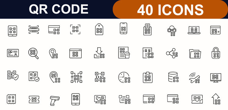 QR code web icons in line style. Mobile scanning, digital ID, barcode sign, smart scanner, data access, business tech set. Editable stroke. Vector illustration.