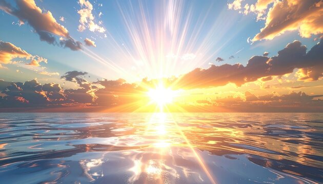 A breathtaking view of a radiant sunset over the ocean, showcasing vibrant colors and dramatic cloud formations reflecting in the water's surface.