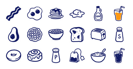 Fototapeta na wymiar Hand-drawn breakfast and morning cafe elements for organic brand identity. Naive marker sketch illustrations featuring classic brunch food concepts.