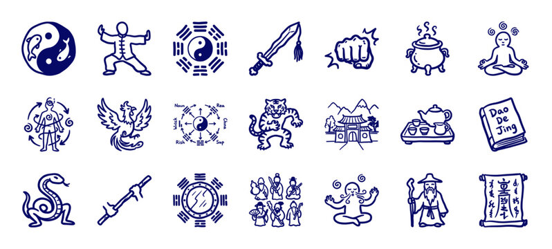 Traditional Taoist philosophy and martial arts elements for cultural branding. Naive blue marker sketch illustrations featuring yin yang and qigong concepts.