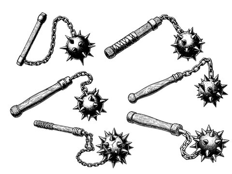 Medieval Flail Spiked Weapon Engraving Illustration