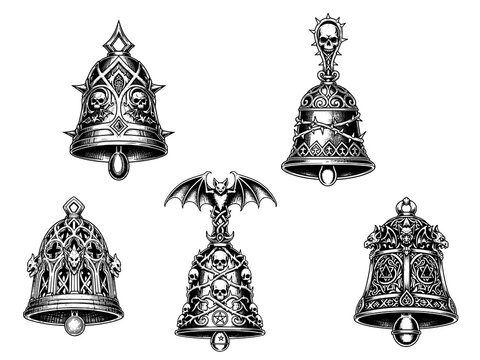 Witch Ritual Bell Occult Engraving Illustration