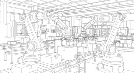 Obraz premium Industrial automated factory scene with robotic arms assembling boxes on a conveyor belt, blueprint style vector illustration.