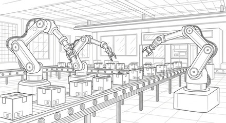 Obraz premium Line art illustration of industrial robotic arms working on a conveyor belt assembly line in a factory warehouse.