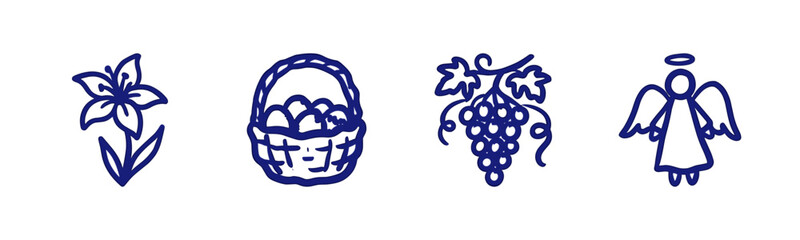 Naklejka premium Hand-drawn religious and nature symbols featuring lily flower, easter basket, grapes, and angel. Rustic naive marker sketch for spiritual branding.