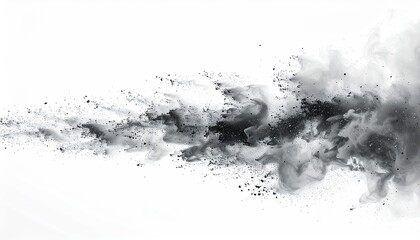 Obraz premium Dark gray powder explosion effect against a clean white background, hazy and ethereal