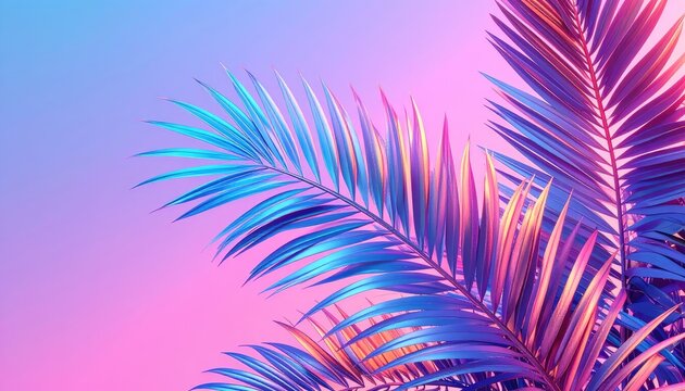 A vibrant and stylized image showcases palm fronds illuminated with neon blue and pink hues against a gradient background, creating a modern and tropical aesthetic.