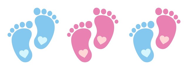 Baby footsteps vector illustration set - pairs of pink and blue footprints in flat style. File in JPG format.