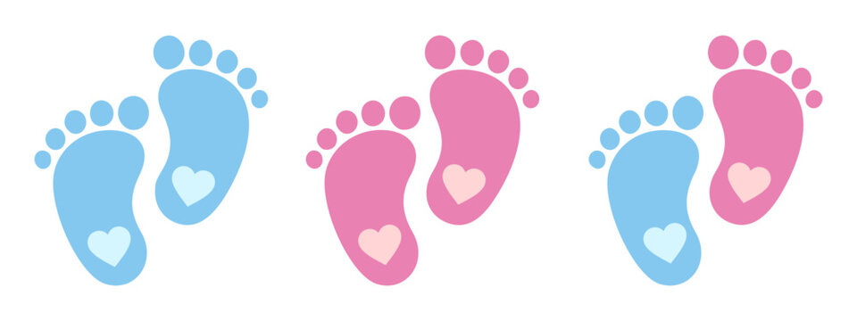 Baby footsteps vector illustration set - pairs of pink and blue footprints in flat style. File in SVG format