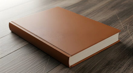 Fototapeta premium A close-up shot of a closed, blank, leather-bound book with a brown cover, resting on a wooden surface, ready for its story or design